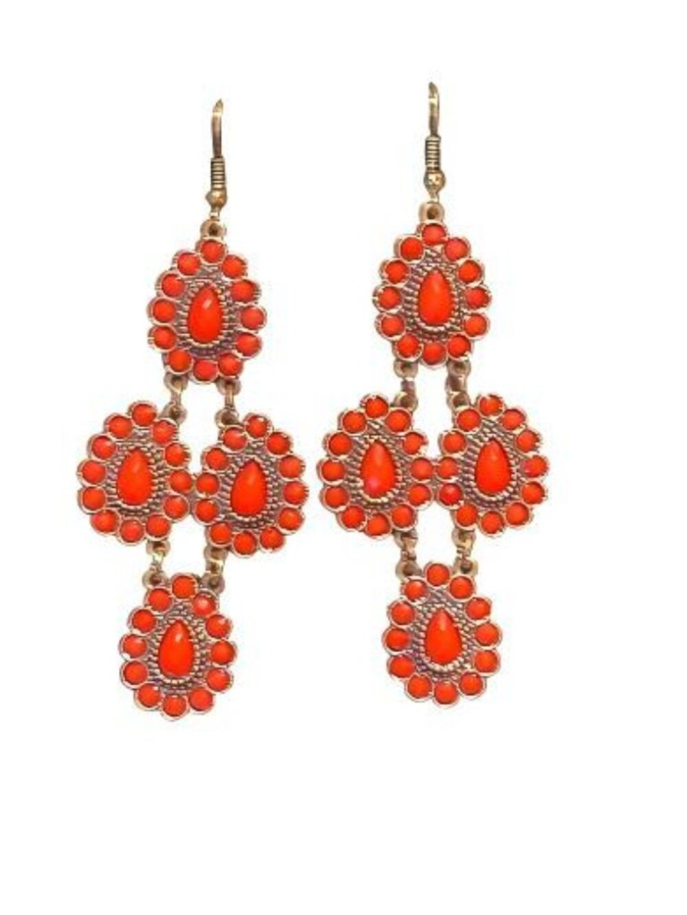 Bright Coral-Red Teardrop Bohemian Chandelier Earrings